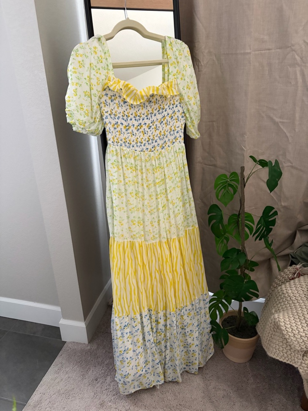 Ash and Eden “Happy” Yellow Floral Tiered Maxi Dress with Puff Sleeves
